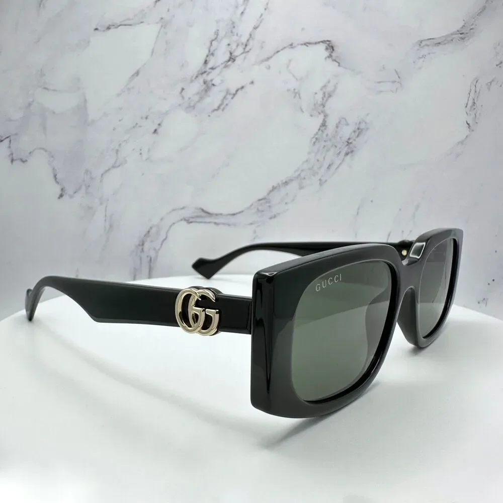 New Gucci Sunglasses Black Square Rectangular Gold Interlocking GG Metal Logo